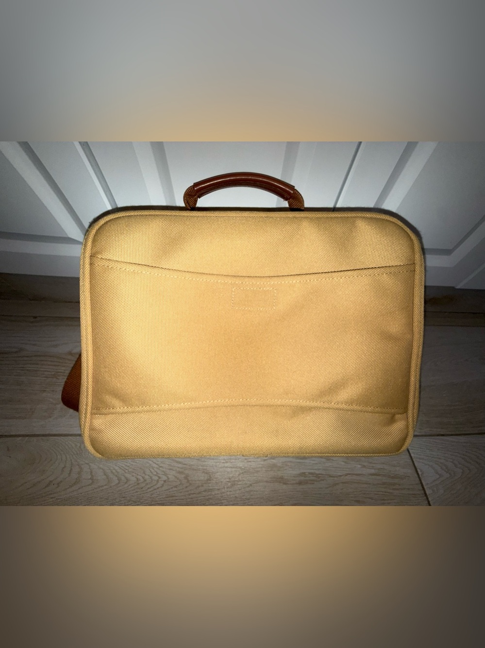 Women Brigs Tan Canvas travel cosmetic bag with Brown Handle